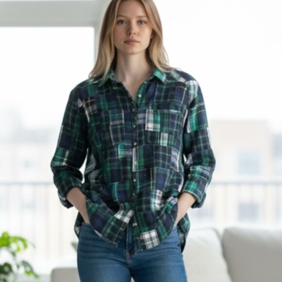 ARATTA SILENT JOURNEY CUSTOM DESIGNED PATCHWORK FLANNEL & PRINT SHIRT - Picture 1 of 7
